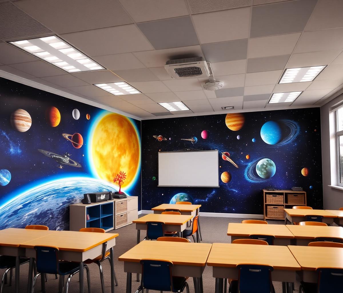 Classroom transformed with planetary 3D wallpaper